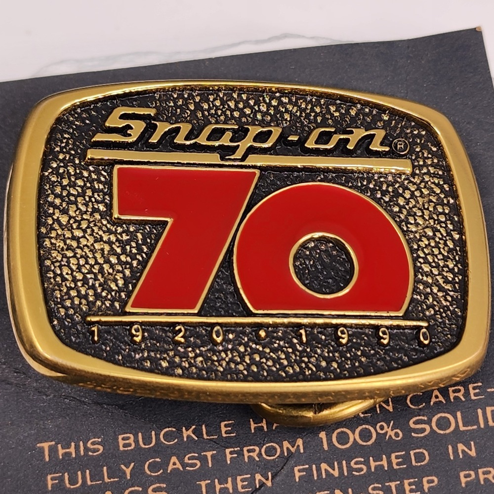 Snap-on 70th Anniversary 1920-1990 Solid Brass Belt Buckle Red Enamel Vintage